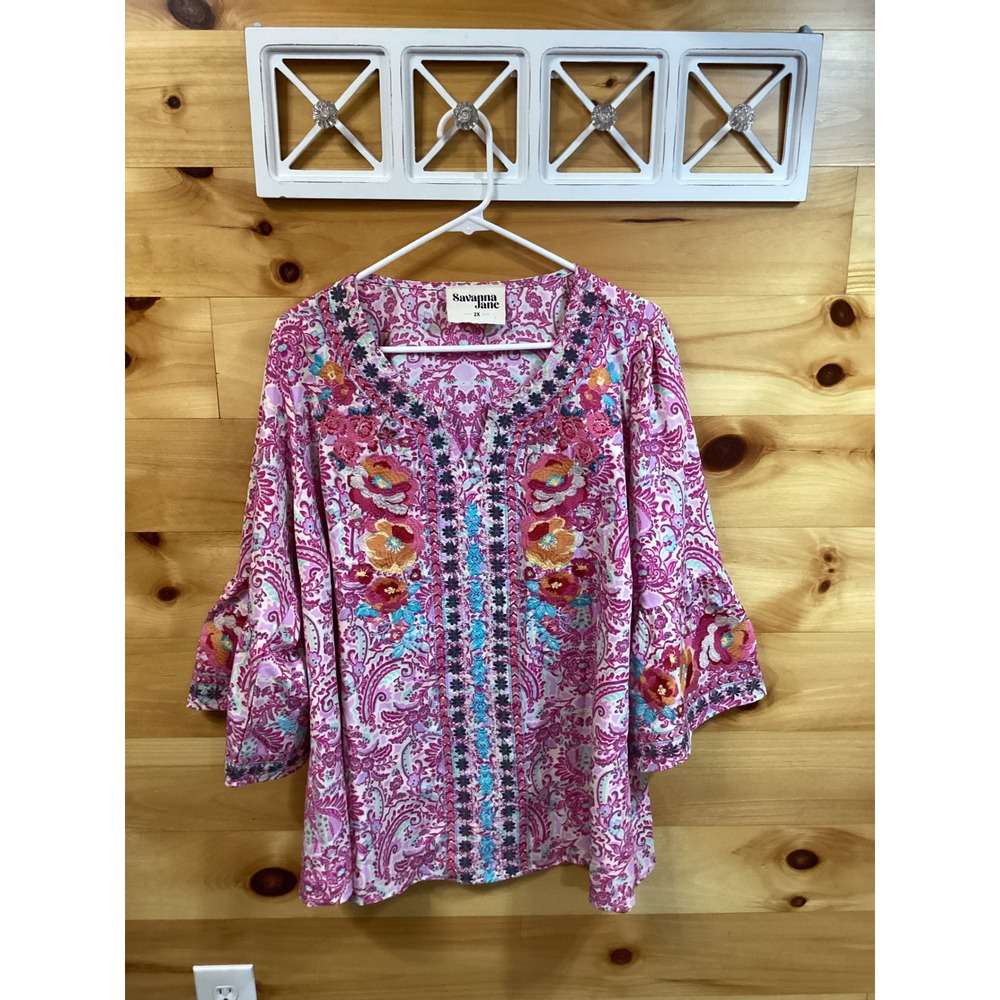 Savanna Jane Womens 2X Pink Paisley Embroidered Bell Sleeve Boho Blouse Top